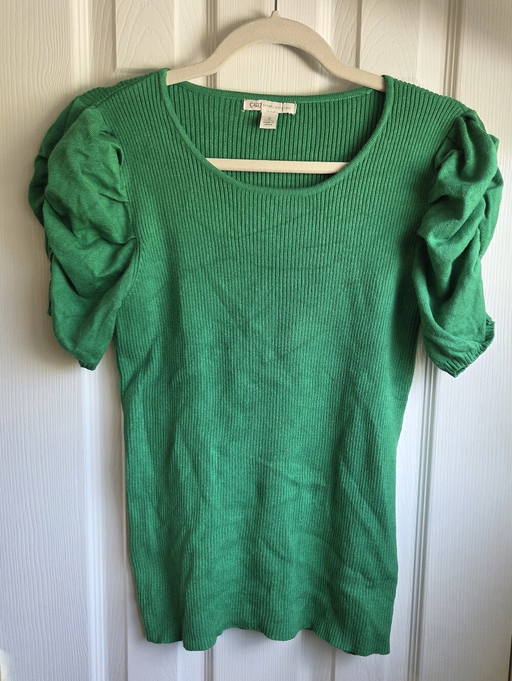 Cato Kelly Green Puff-Sleeve Ribbed Women's Top